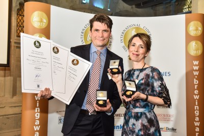 Greg MacNeice of Mac Ivors Cider Co with his wife Ali celebrating three gold medals in the International Brewing and Cider Awards at the Guildhall in London this week. SDP3642-0531