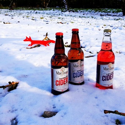 Irish cider in the snow at Mac Ivors Cider Co orchards